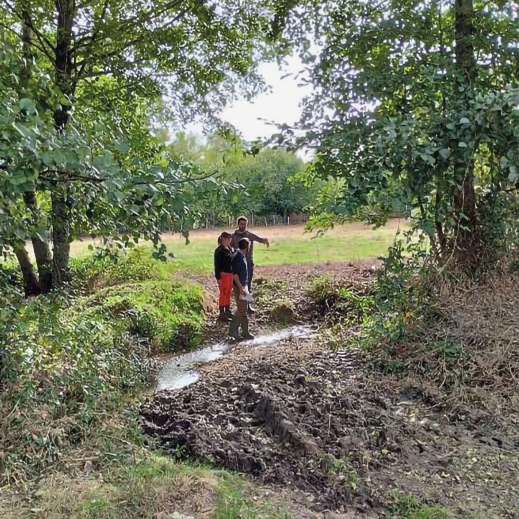 Échanges entre un exploitant agricole et un conseillé de la Chambre d'agriculture de la Haute-Vienne. Discussion sur un ruisseau en bordure d'un champ.